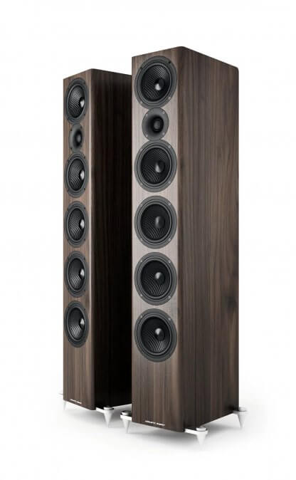 Enceintes ACOUSTIC ENERGY AE520 baffle stereo hifi trois voies home cinema colonne placage bois american walnut noir blanc laque hi end haut de gamme