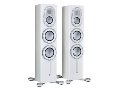 Enceintes Monitor Audio PLATINUM 200 3G paire baffle colonne haut de gamme trois voies évent arriere noir laque ebene verni blanc satin