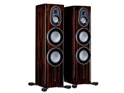 Enceintes Monitor Audio PLATINUM 300 3G baffle colonne trois voies quatre HP haut de gamme satin white vernis noir laque ebony varnish black