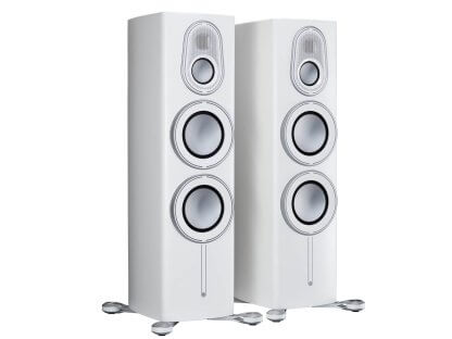 Enceintes Monitor Audio PLATINUM 300 3G baffle colonne trois voies quatre HP haut de gamme satin white vernis noir laque ebony varnish black